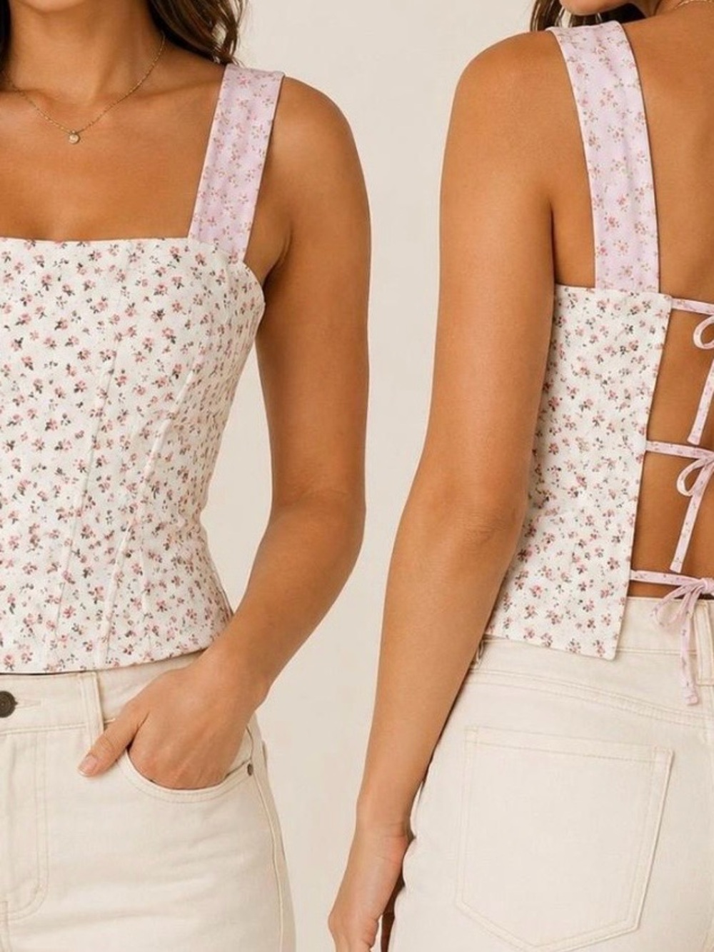 Blogilates White Floral Corset Tank Top with Pink Straps